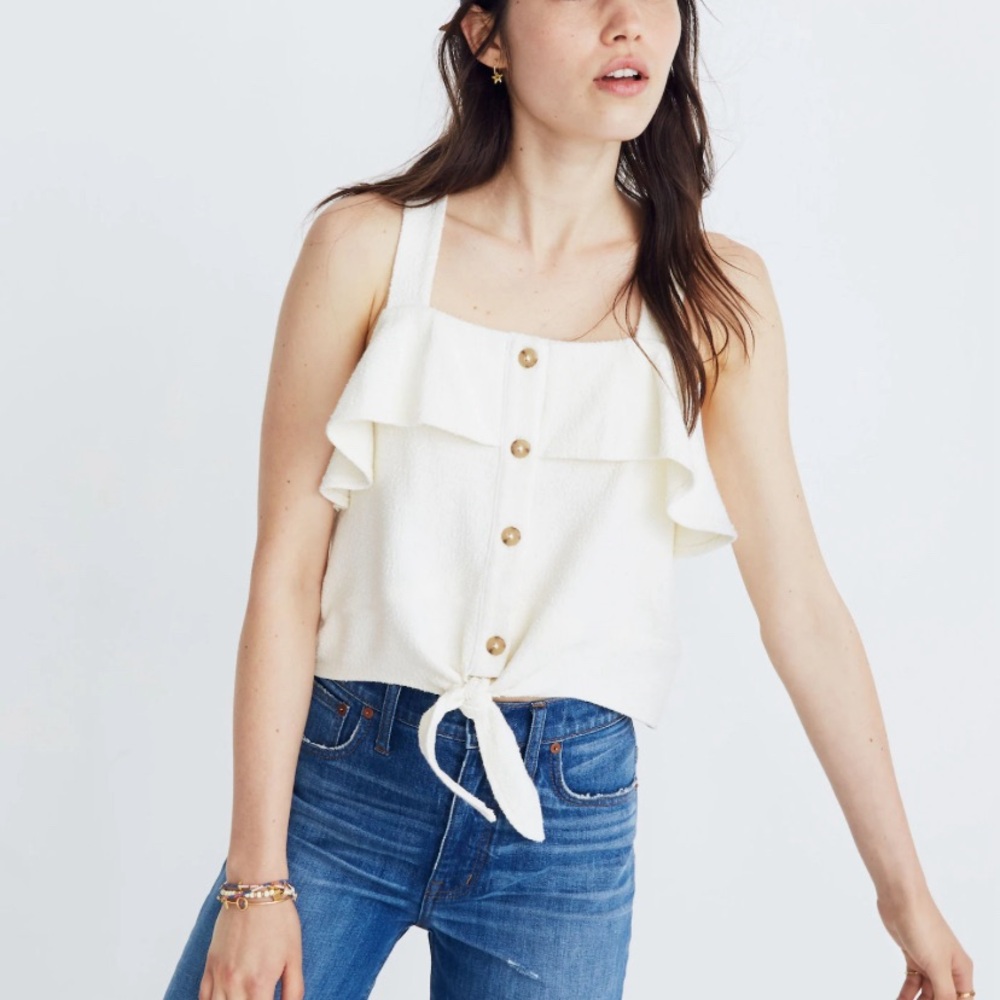 Madewell Cream Ruffle-Front Tie Crop Top